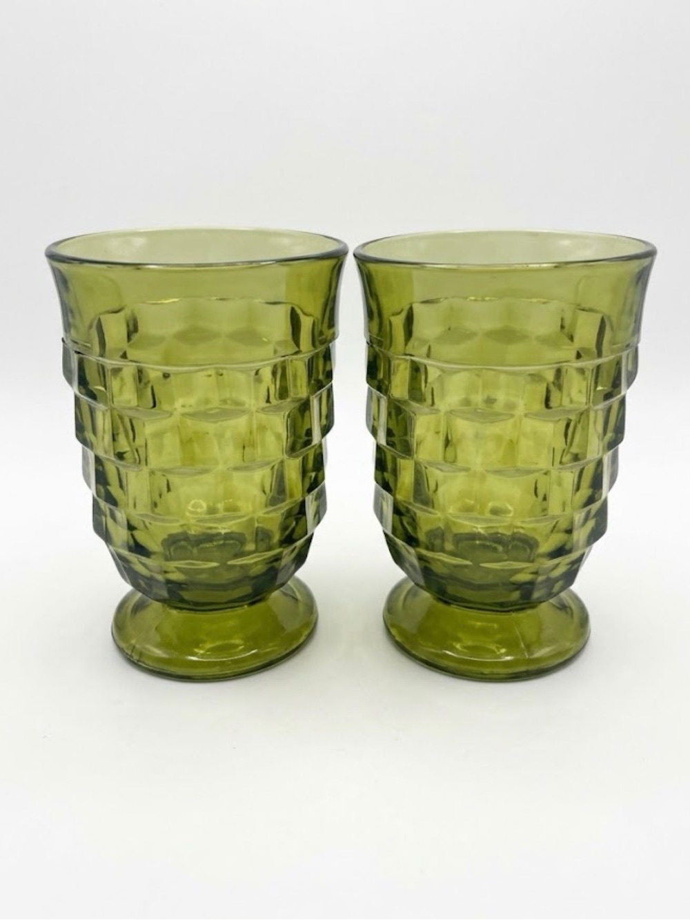 Set of 2 Indiana Glass Whitehall Cubist Green Avocado Footed Juice Glasses VTG